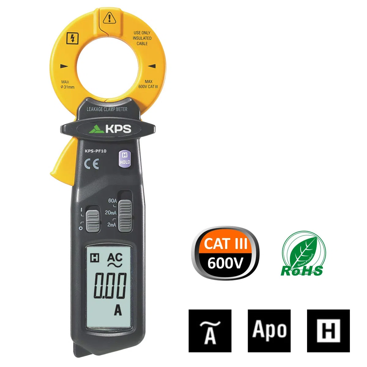 KPS-PF10 Pinza de fugas de corriente CA 60A 2000 cuentas CAT III