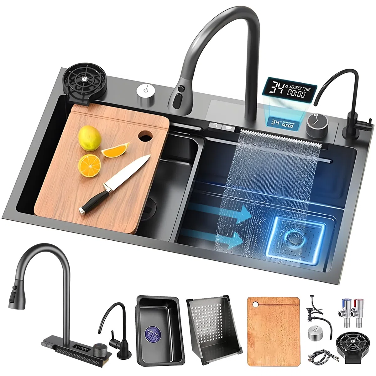 Fregadero de Cocina de 1 Cubeta 68x45 cm, Negro cascada Fregadero de Acero Inoxidable, con Grifo Cocina Extraible, cesta de drenaje, sifón, rebosadero y desagüe así como otros accesorios