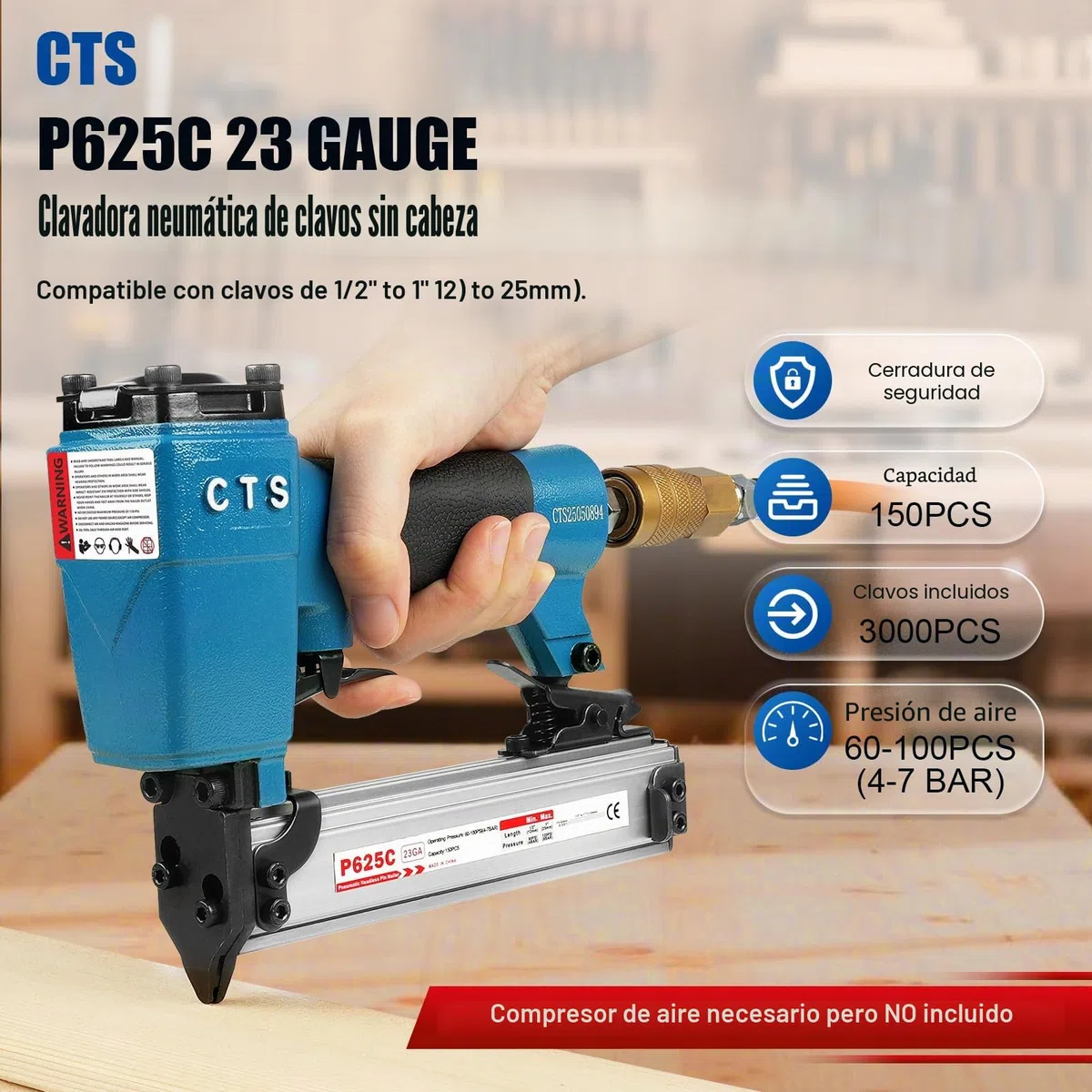 CTS P625C - Clavadora de pines de calibre 23 con 3000 piezas de clavos, pistola neumática de clavos sin cabeza con bloqueo de seguridad, se adapta a clavos de pines de 1/2'' a 1'' (12 a 25 mm