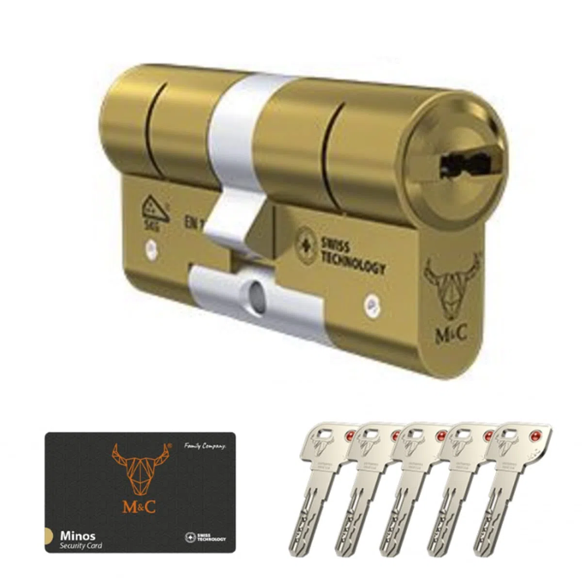 M&C Minos Bombín Cerradura Alta Seguridad Certificación Seguridad Máxima SKG 3 Estrellas 32x32mm Anti Bumping Resistente Taladro Tecnología Suiza Color Dorado 5 Llaves Incluidas, Pequeña