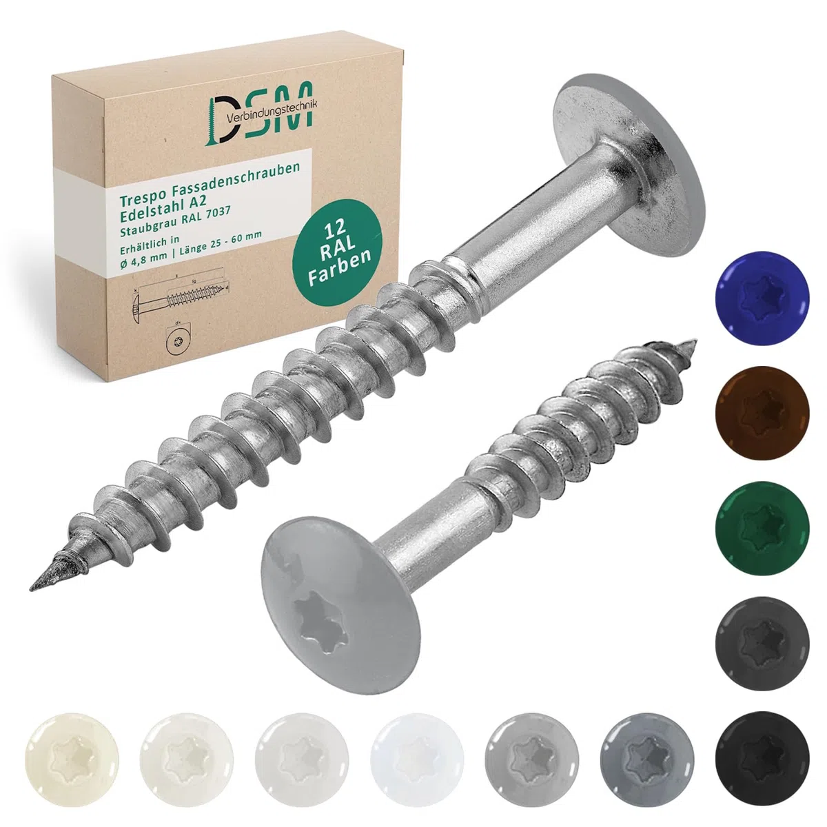 DSM Tornillos de fachada Trespo 4,8 x 38 mm, gris polvo RAL 7037, acero inoxidable A2, cabeza redonda plana con accionamiento TX, autorroscantes y resistentes a la corrosión, tornillos para madera
