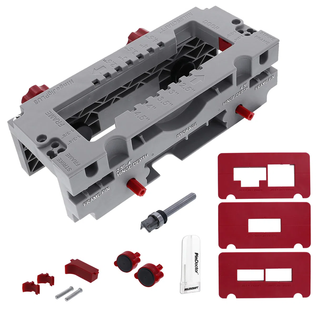 Milescraft 1229 Hinge Jig Plus - Doble sujeción de bisagra de puerta Jig Mortaja de bisagra de puerta Kit completo de instalación de bisagras Rout Mortajas de 6.3 cm a 11.4 cm. Placas de cierre y
