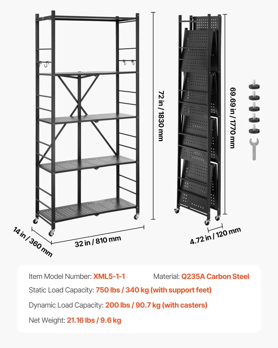 VEVOR Estante de Almacenamiento Plegable de 5 Niveles con Ruedas 81 x 36 x 183 cm Estantería Metálica Móvil Resistente, sin Necesidad de Ensamblaje, Organizador para Garaje, Cocina, Sótano, Negro