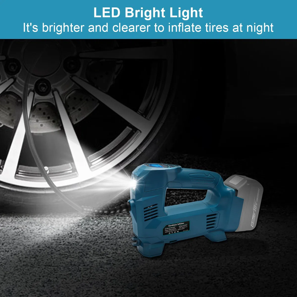 QUPERR Compresor de aire portátil compatible con baterías Makita 18V, Inflador inalámbrico hasta 10,3 bar con luz LED y parada automática para coche, moto, bicicleta, pelotas (sin batería)