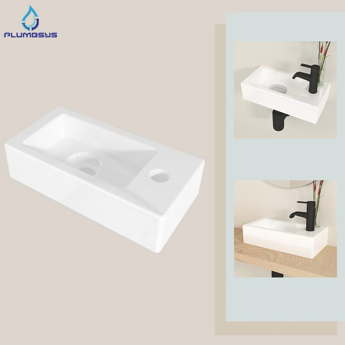 Lavabo Pequeño de Cerámica para Sobrepone o Suspender 36.5x18cm - Plato con Orificio para Grifo a la Derecha - Lavamanos Compacto para Baño, Aseo o Barco