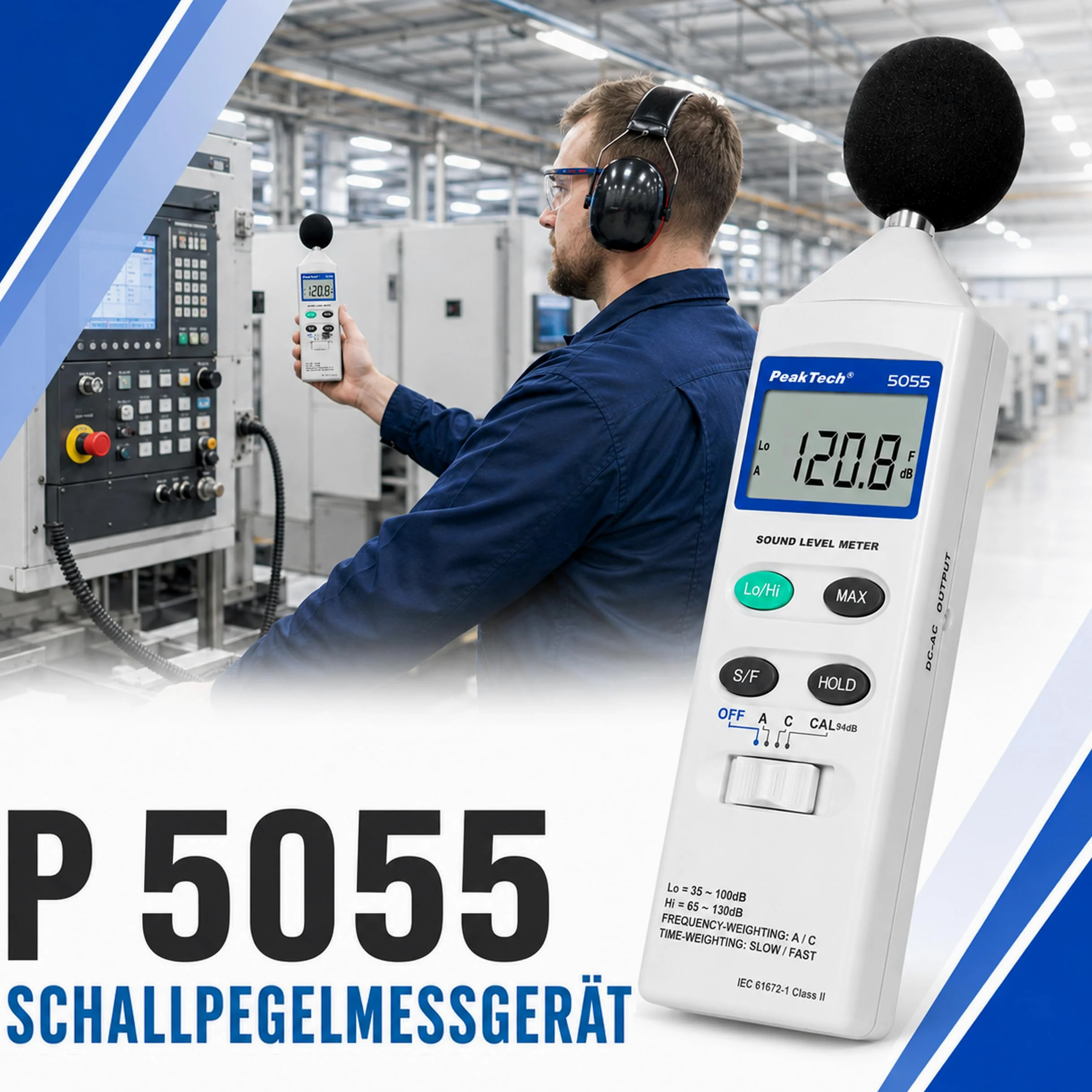 PeakTech 5055 Sonómetro Digital, Medidor de Ruido y Decibelios (dB), Pantalla LCD, Medición Precisa de Nivel de Sonido, Uso Profesional y Doméstico