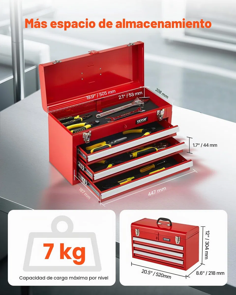 VEVOR Caja de Herramientas Portátil de Metal 520 x 218 x 304 mm, Cofre de Herramientas Pequeño con 3 Cajones y Revestimiento de EVA, Cajones Deslizantes con Cojinetes de Bolas con Cerradura, Rojo