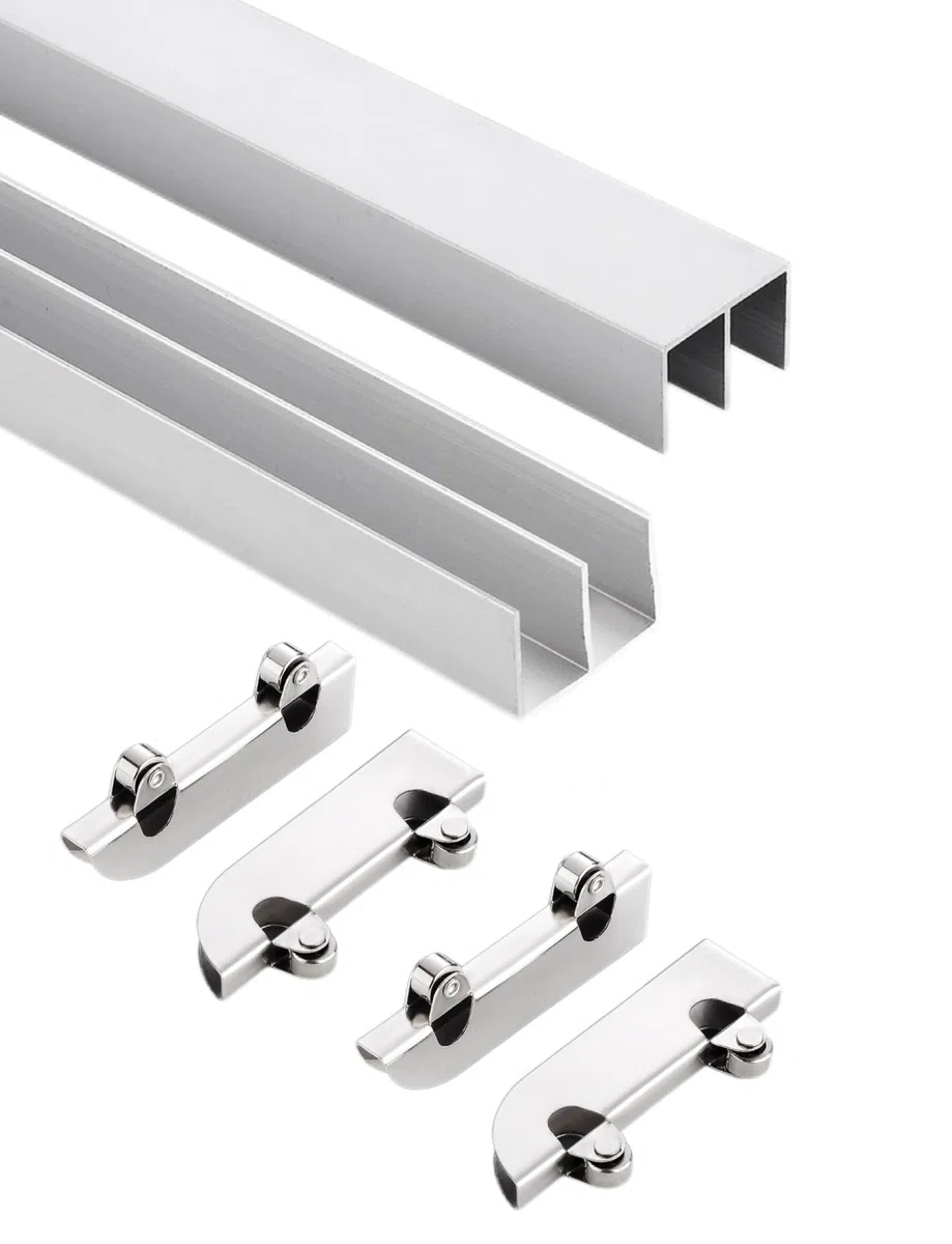 Kit de riel para puerta corredera de cristal, riel de aluminio de doble canal con rodillos silenciosos, se adapta a vitrinas y armarios, incluye 4 poleas