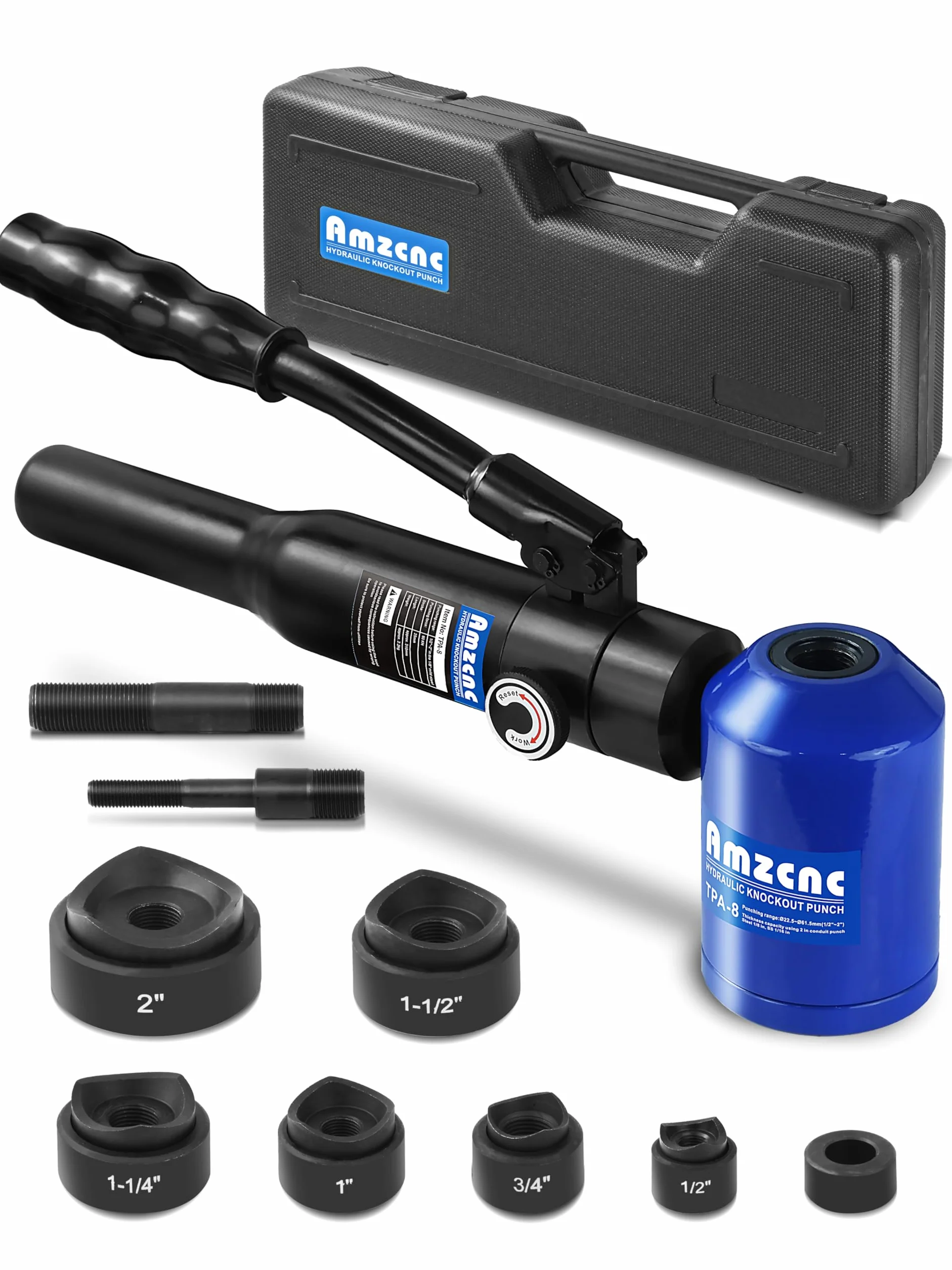AMZCNC Juego de perforadores hidráulicos Knockout 8t, bomba de mano de acero, herramienta de perforación con troqueles 22 mm, 27,5 mm, 34 mm, 43 mm, 49 mm, 60,5 mm