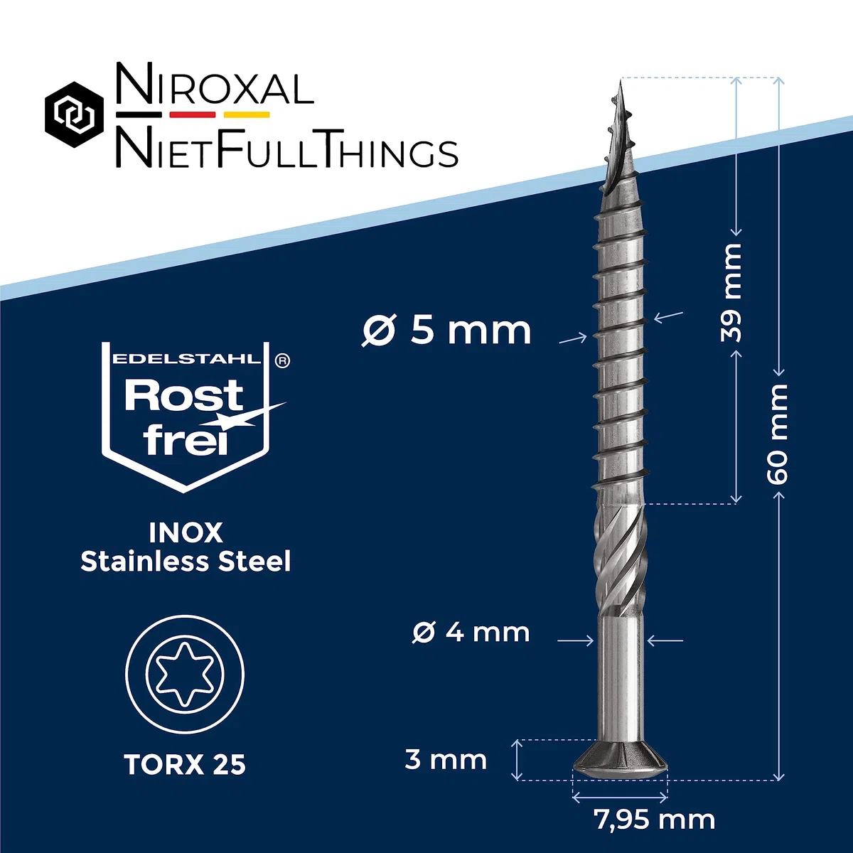 Tornillos para terraza de acero inoxidable – TX25 – 5 x 60 mm – 1000 unidades – Tornillos para tarima de madera