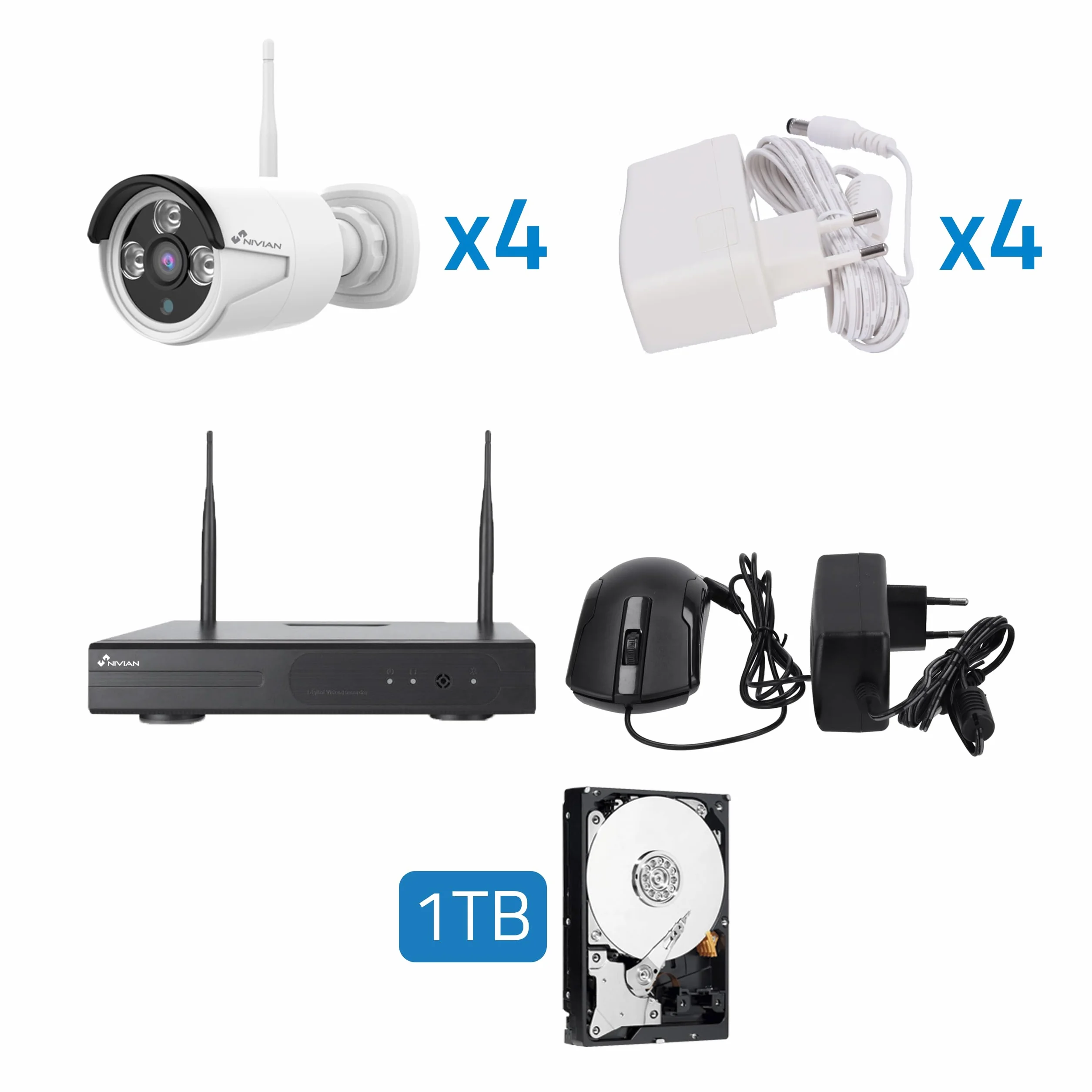 Nivian Kit de Cámaras de Vigilancia WiFi 2K con Grabador 4CH y 4 Cámaras Exterior Impermeables IP66,Visión Nocturna, Detección de Movimiento, Fácil Instalación Sin Cables, Notificaciones en App