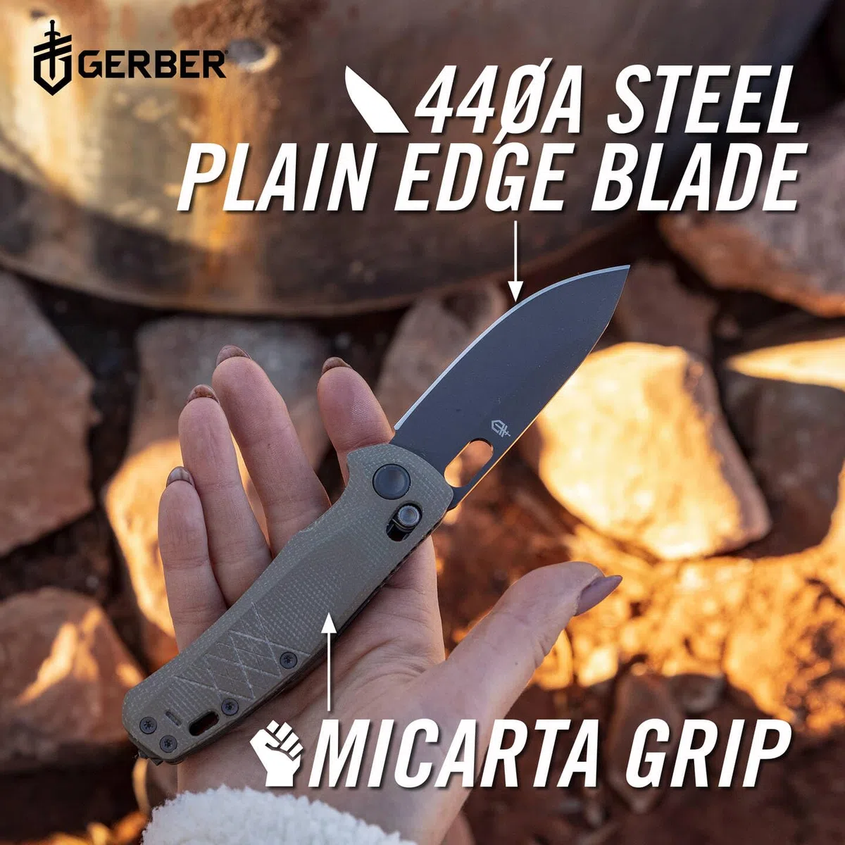 Gerber Navaja Plegable con Gancho para Bolsillo, con Mango de Micarta y Rompecristales, Longitud de Hoja: 8,2 cm, Verde, Acero Inoxidable 440A, Scout, 1064583