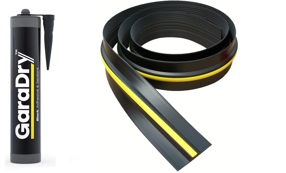 Kit de sellado de umbral de puerta de garaje de 1,5 cm de altura, 4,34 m de longitud | PVC flexible | Kit Completo Incluye Adhesivo | Gara Dry
