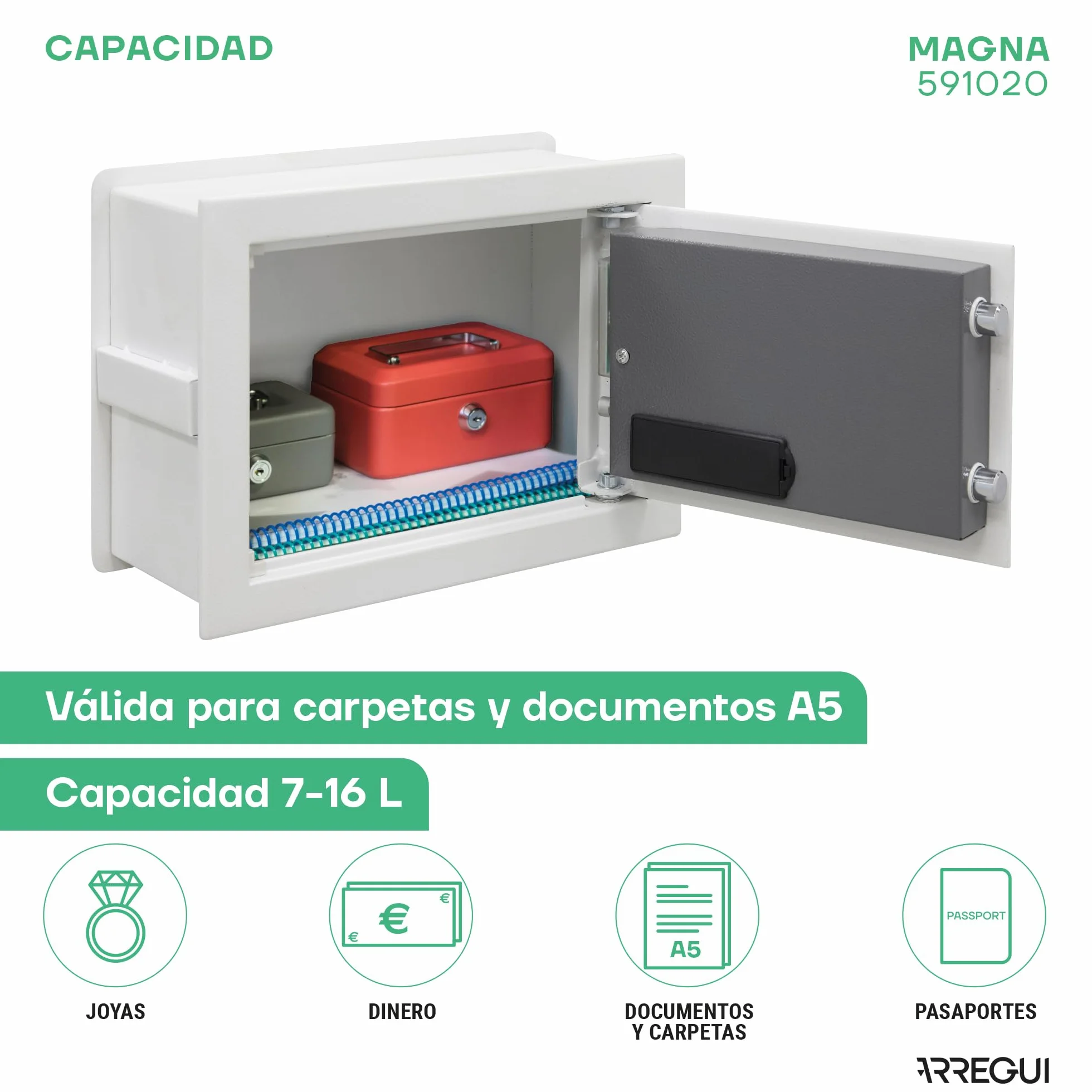 ARREGUI Magna 591020 Caja Fuerte Empotrable Doble Seguridad Fondo Extensible 26x36x15-25cm 14-23L