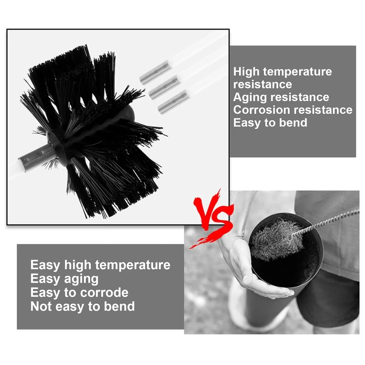 Cepillo Deshollinador de Chimenea con 9 Varillas, 2 Cabezales, Diámetro 150 mm, 1 Cinta Adhesiva - Kit de Limpieza para Chimeneas