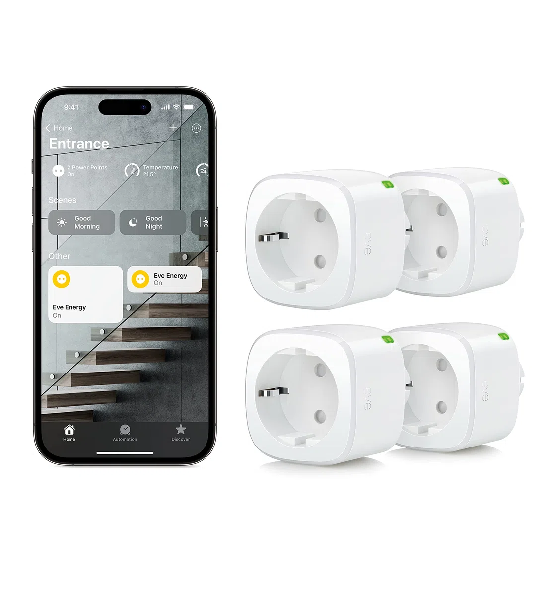 Eve Energy (Matter) pack de 4 – Enchufe inteligente, control remoto, privacidad 100%, compatible con Apple Home, Alexa, Google Home, SmartThings, requiere un router de borde Thread
