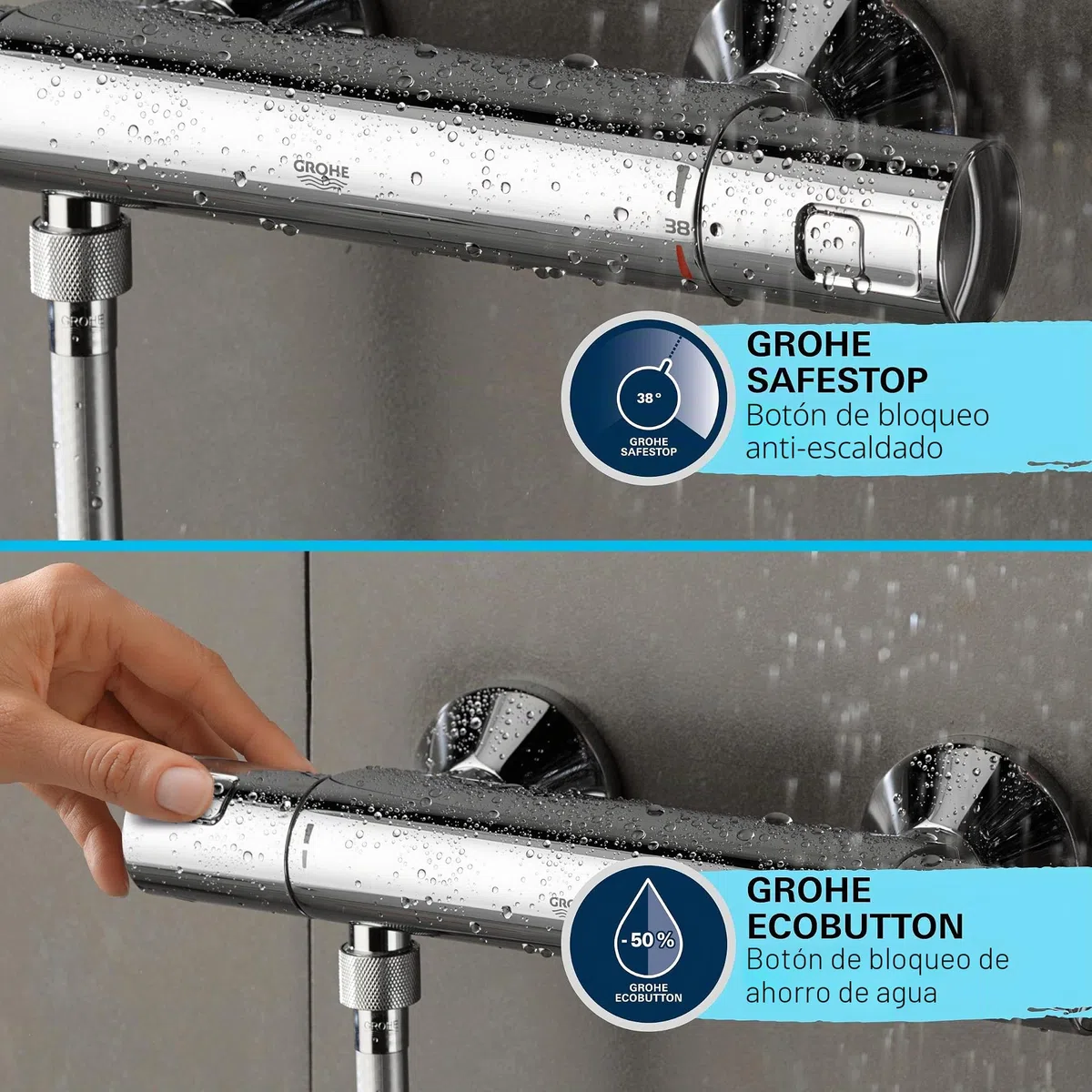 GROHE Precision Start Conjunto de barra de ducha con termostato, 3 tipos de chorro, barra de ducha de 900 mm, incluye herramientas de instalación, cromo 34854001