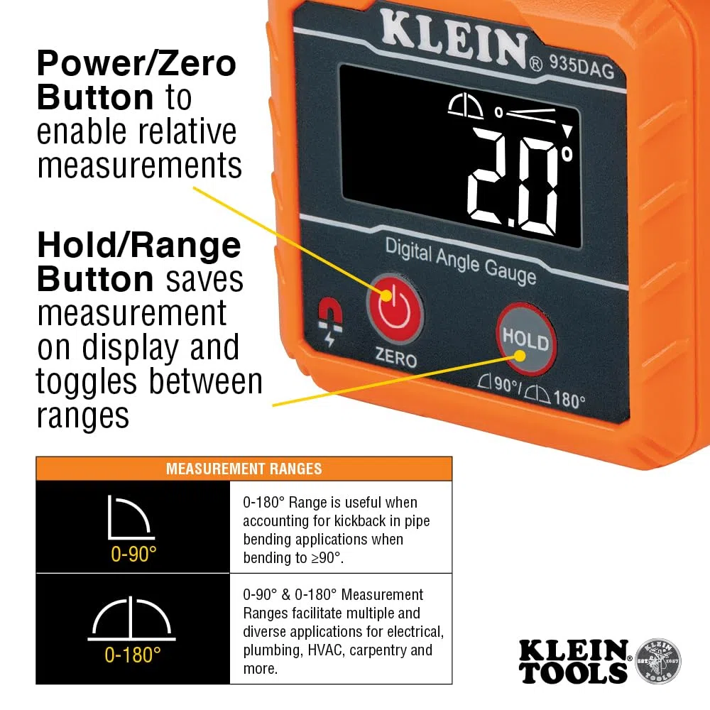 Klein Tools 935DAG - Medidor electrónico digital de nivel y ángulo, mide 0–90 y 0–180 grados, mide y establece ángulos