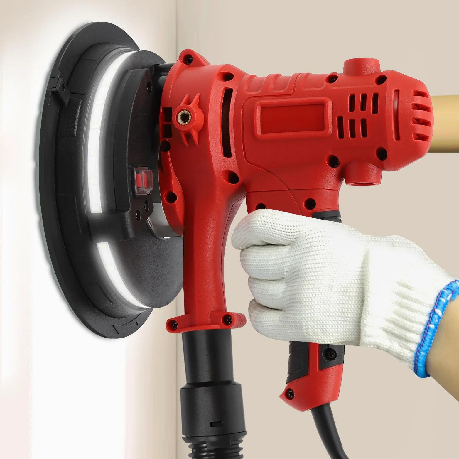Lijadora de Pared y Techo 220V 1200W | Pulidora Portátil con Luz LED y Succión Ajustable | Para Paneles en Seco, Yeso y Masilla | Control de Polvo, Ligera y Potente
