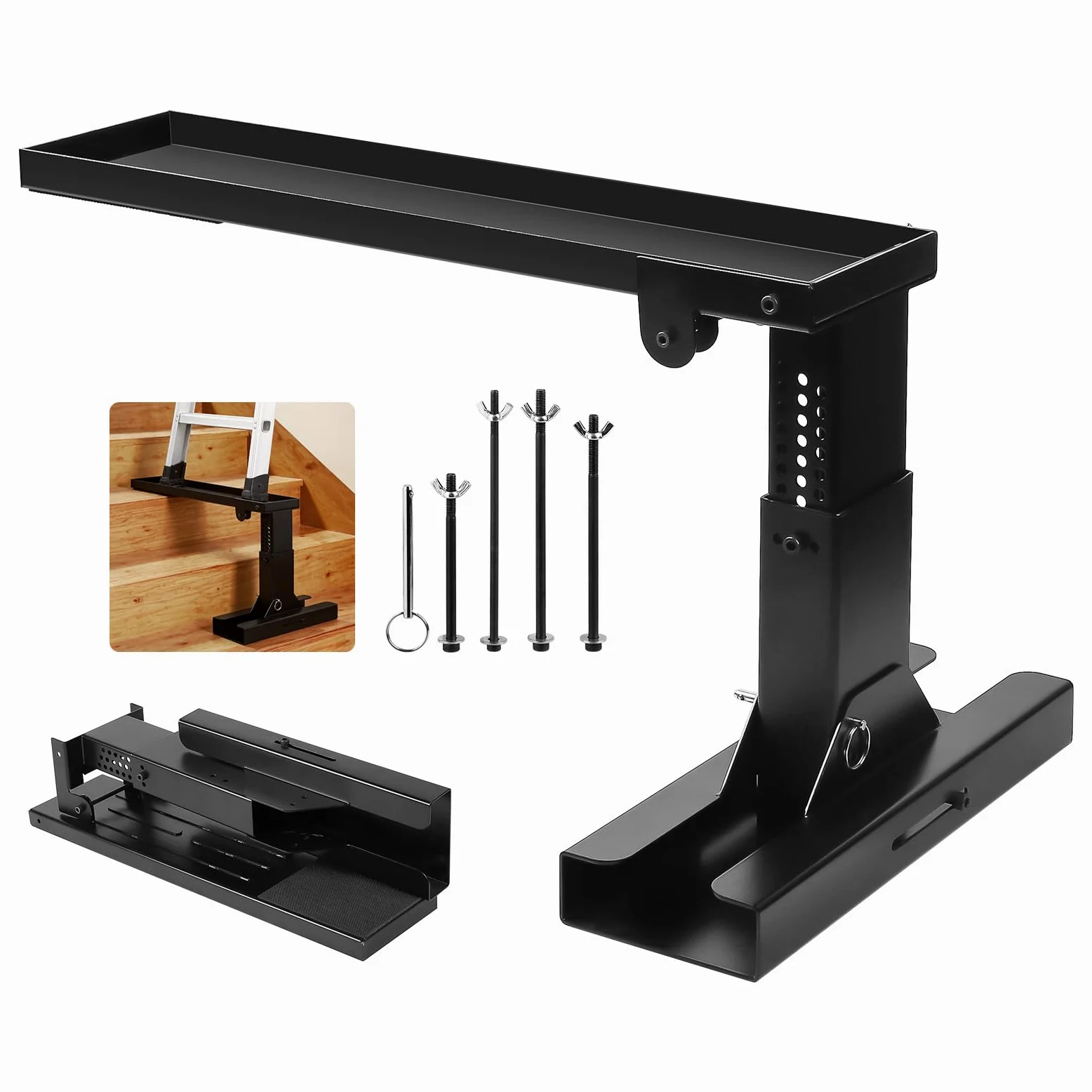 SWAWIS Plegable Extensor de Escalera de Acero Altura Ajustable 23,5-39cm, Nivelador de Escalera con Alfombrilla Antideslizante, Capacidad de Peso 150 kg, Dimensiones de Plataforma 54x13cm