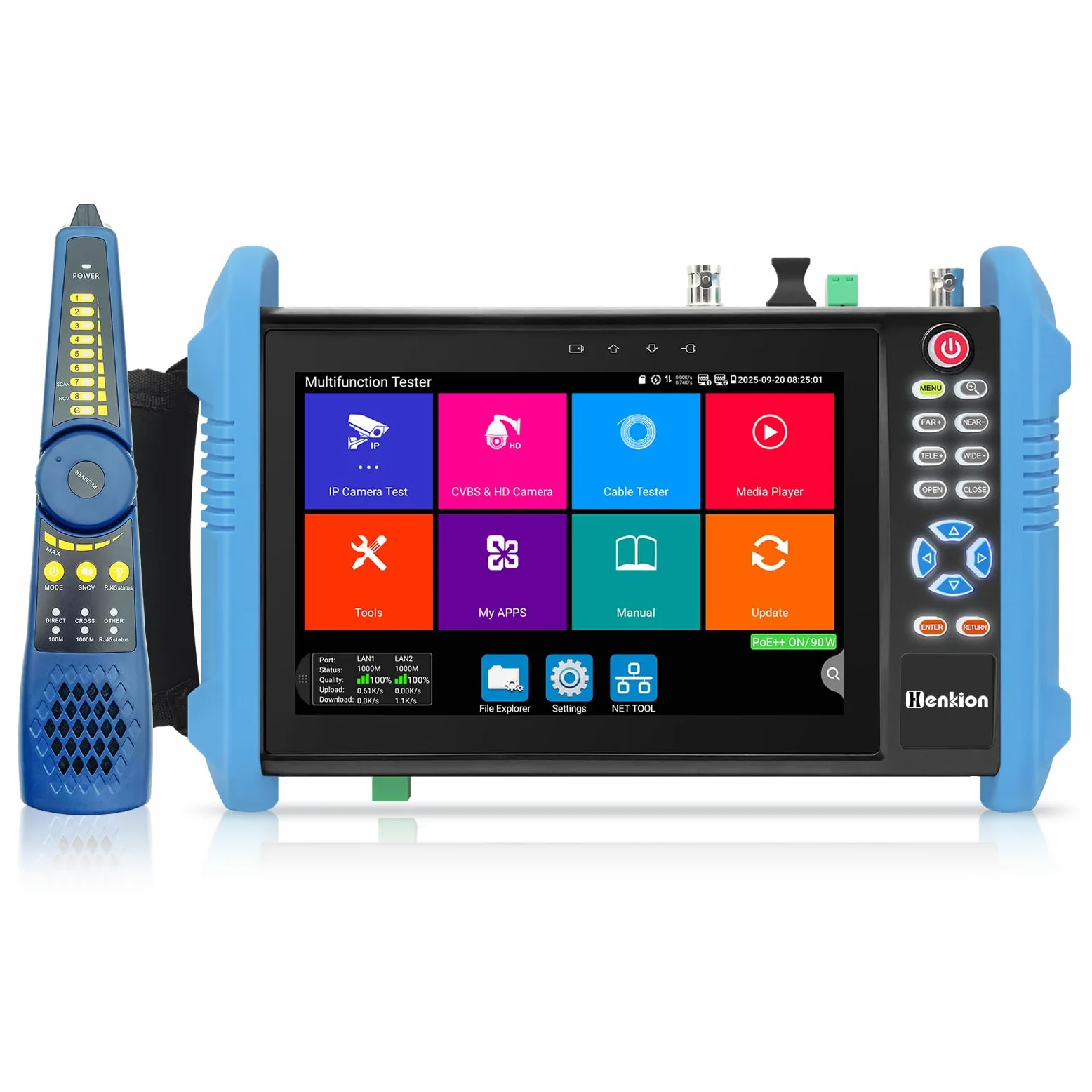 Henkion Probador de Cámara CCTV Monitor, Tester IP 8K 32MP 4K 12MP con PoE++ 90W, Pantalla Táctil IPS 7" Probador de Cables Herramientas de Red con Interfaz SFP IPC-9800CPro y Rastreador de Cables
