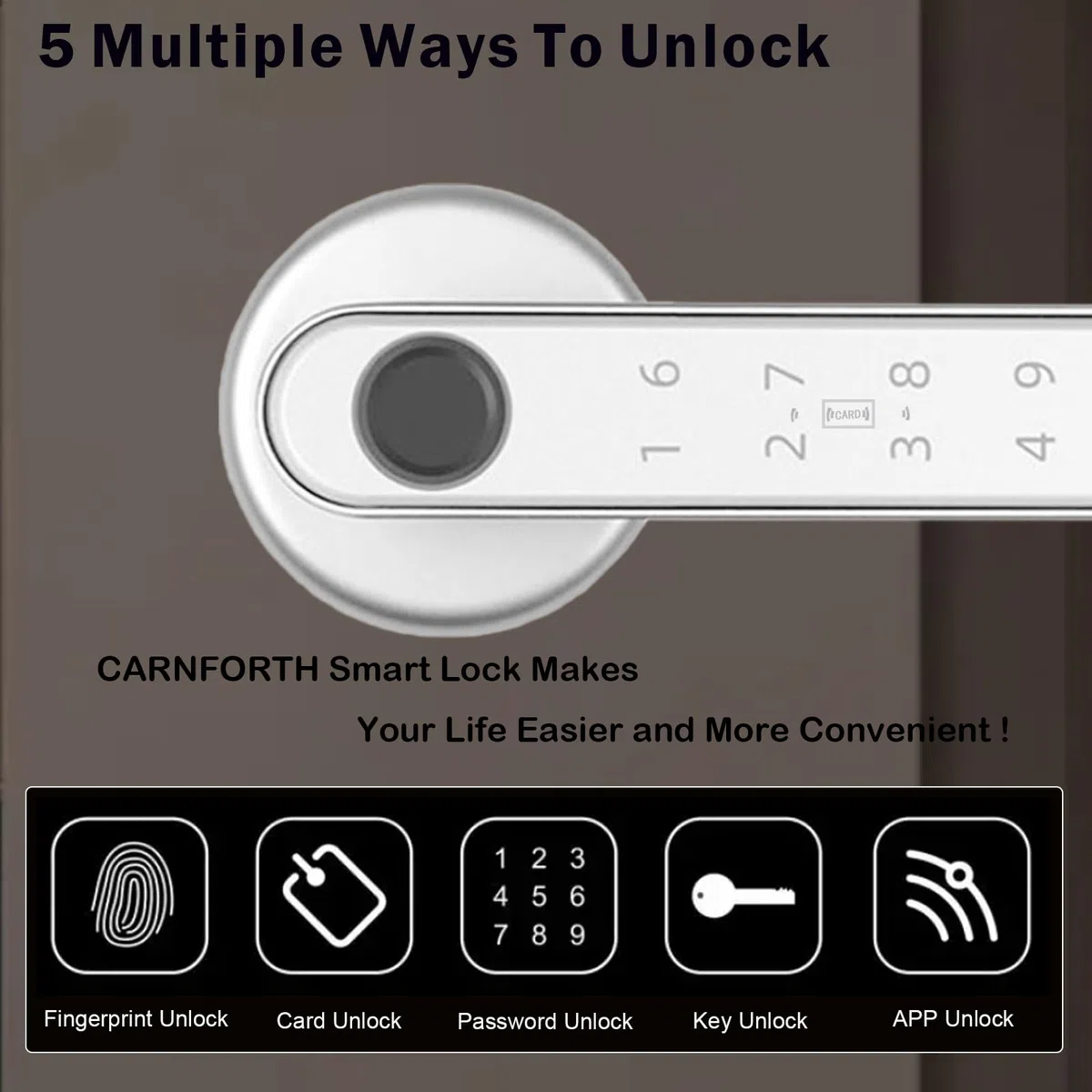 Cerradura de Puerta Inteligente con Huella Dactilar, Manija de Puerta Inteligente Automática 5 en 1 con Control por APP/Huella Dactilar/Tarjetas IC/Contraseña/Llaves de Respaldo, Cerraduras Digitales