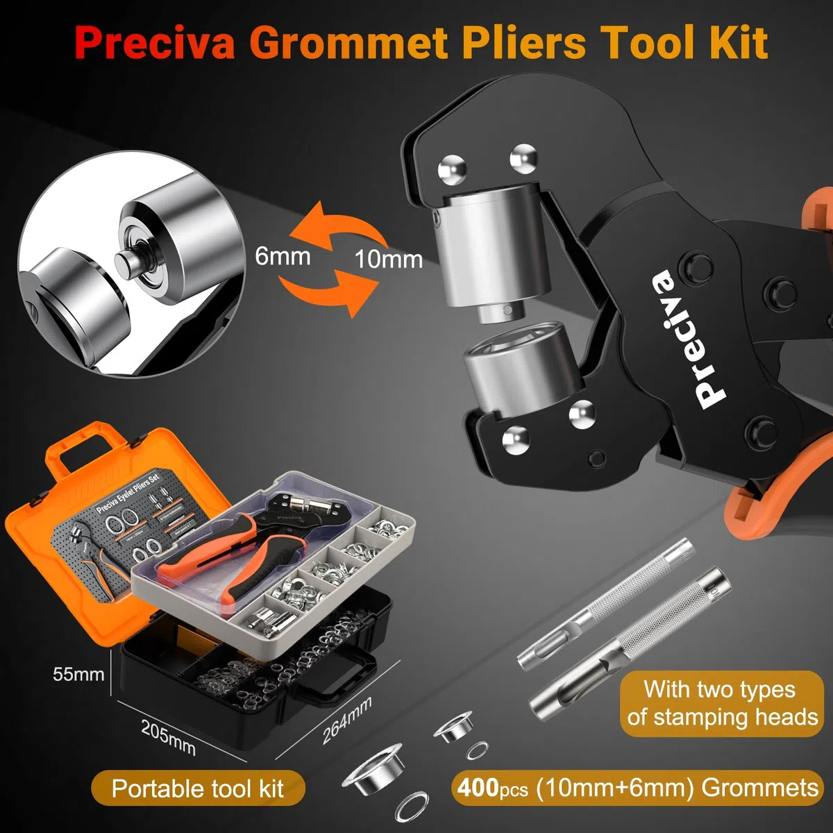 Preciva Remachadora Ojales de 10 mm y 6 mm, Kit de Ojales Metalicos da 400 Pezzi con Maletin, Kit Profesional de Herramienta Ojetes para Lonas Cortinas Tiendas Cuero y Textiles