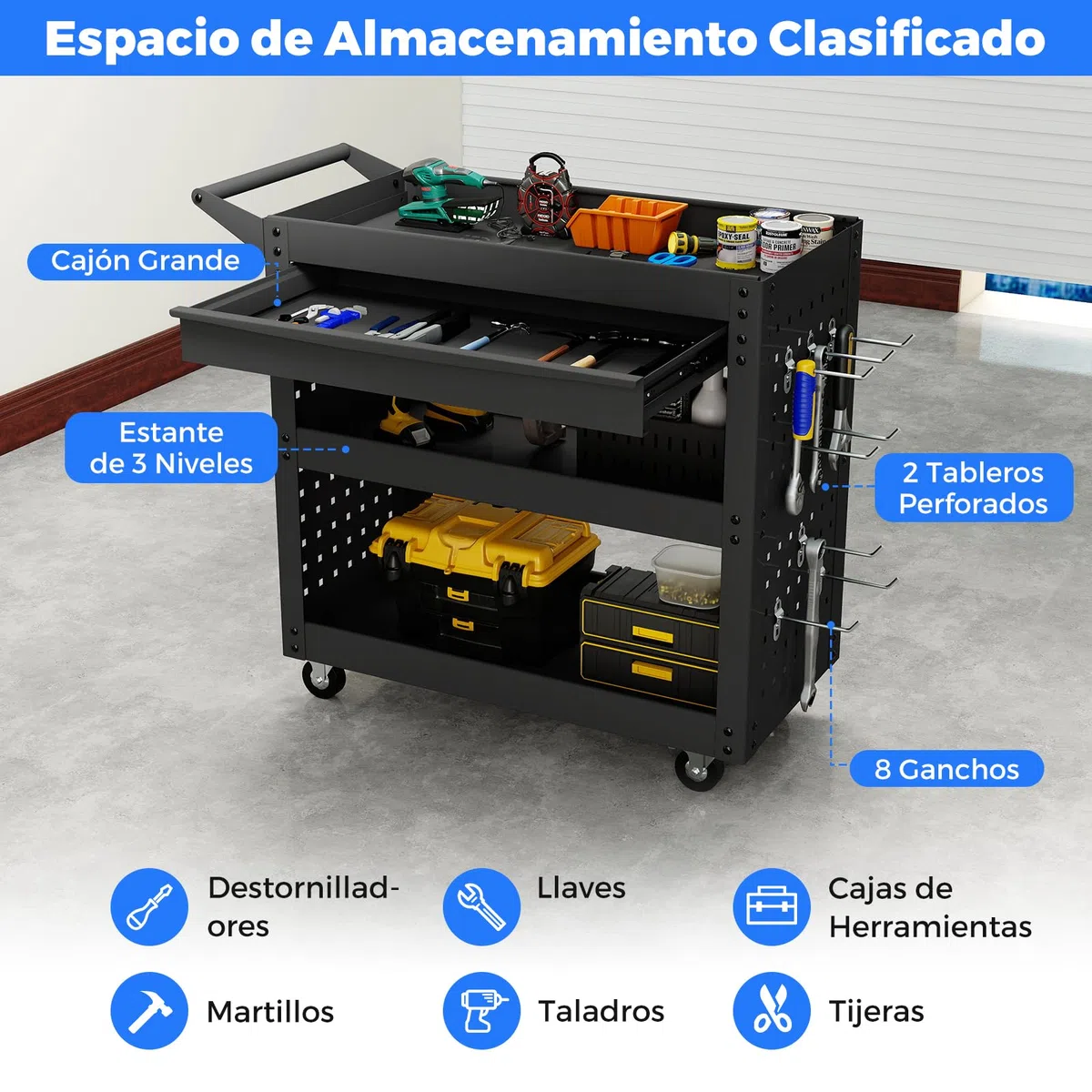 COSTWAY Carro Herramientas de 3 Niveles, Organizador de Herramientas con Cajón, 2 Tableros Perforados y 8 Ganchos, Marco Metálico, Almacén Garaje Taller, 80 x 35 x 73 cm
