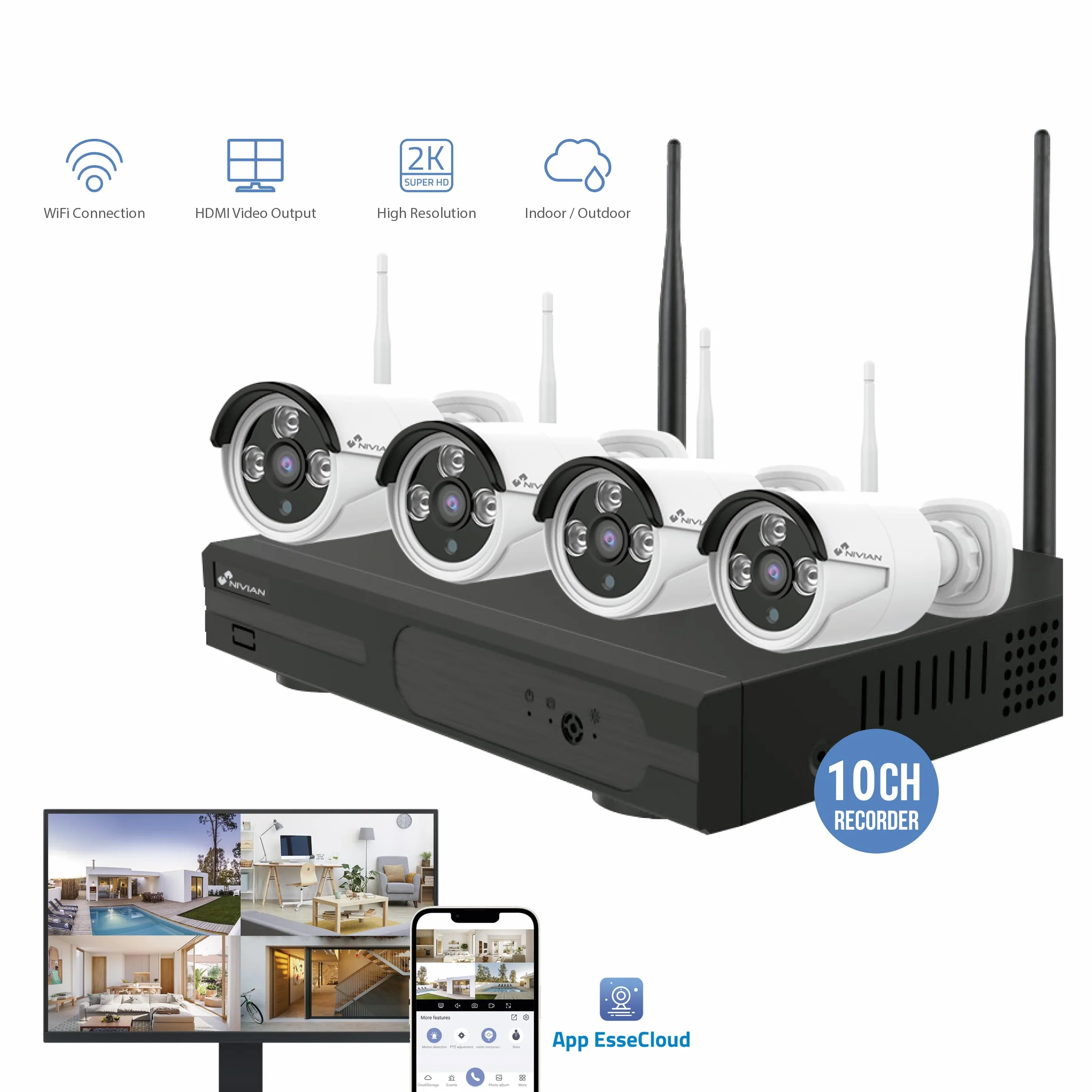 Nivian Kit de Cámaras de Vigilancia WiFi 2K con Grabador 4CH y 4 Cámaras Exterior Impermeables IP66,Visión Nocturna, Detección de Movimiento, Fácil Instalación Sin Cables, Notificaciones en App