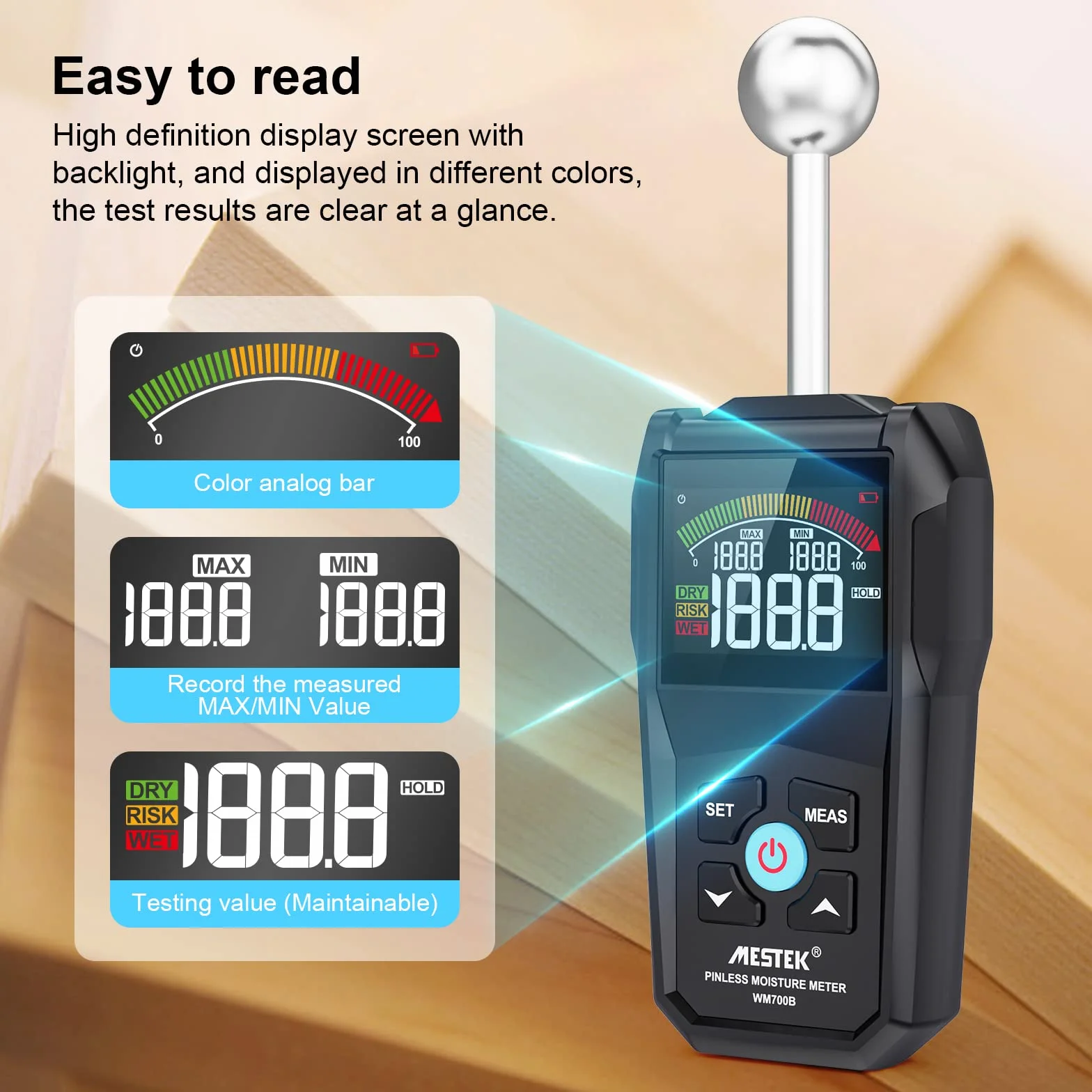 Medidor de Humedad MESTEK Humidímetros 20-40mm Digital sin Pin Detector de Humedad Portátil Humedad Medición Pantalla LCD Alarma para Madera, Paredes, Hormigón, Ladrillo y Materiales de Construcción