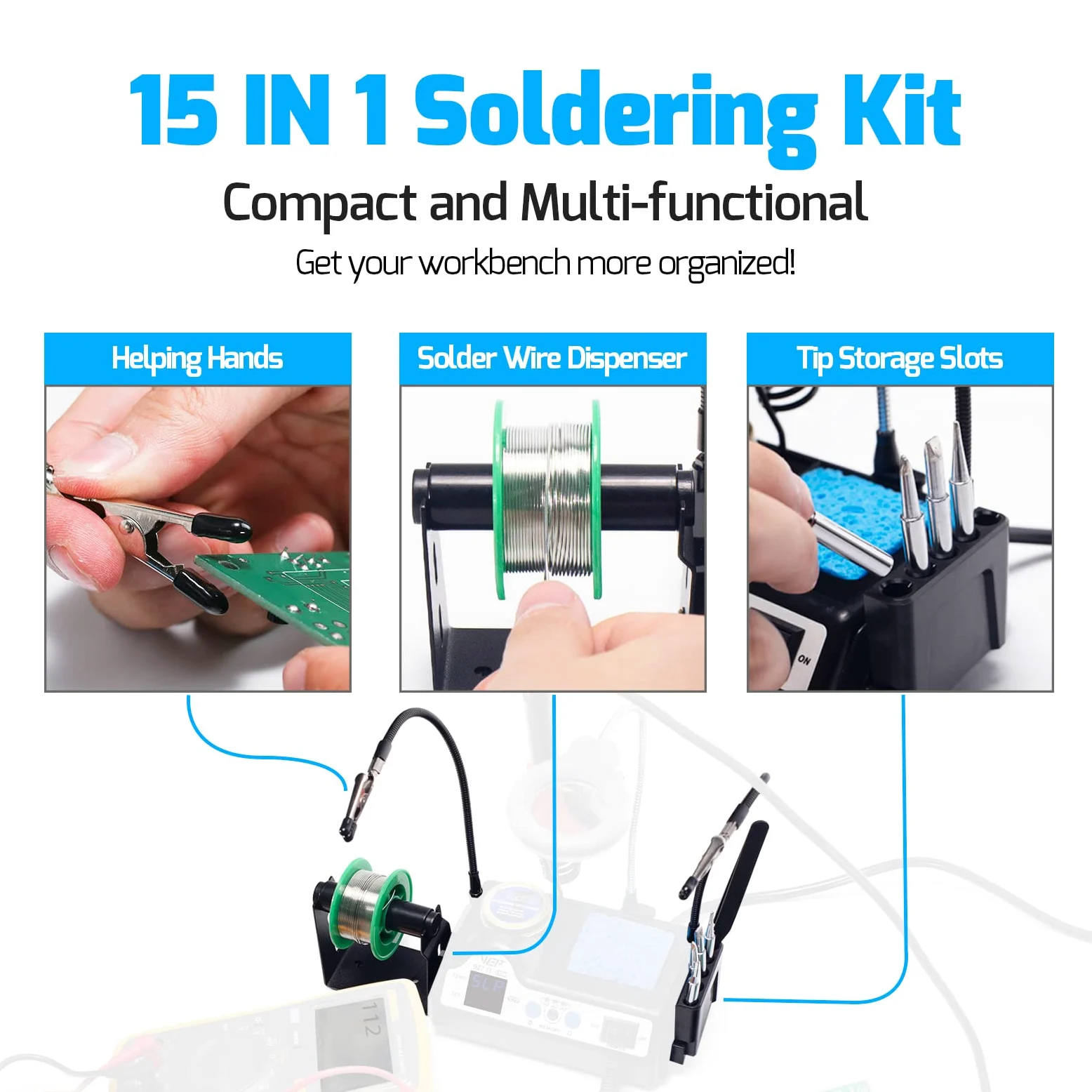 WEP 927-IV V1 Kit Estación de Soldadura Soldador de Estaño 110W con 3 Canales Preestablecidos, Modo de Reposo, Lupa LED, 5 Puntas de Soldar, 2 Manos Auxiliares, Hilo de Soldadura (enchufe UE)