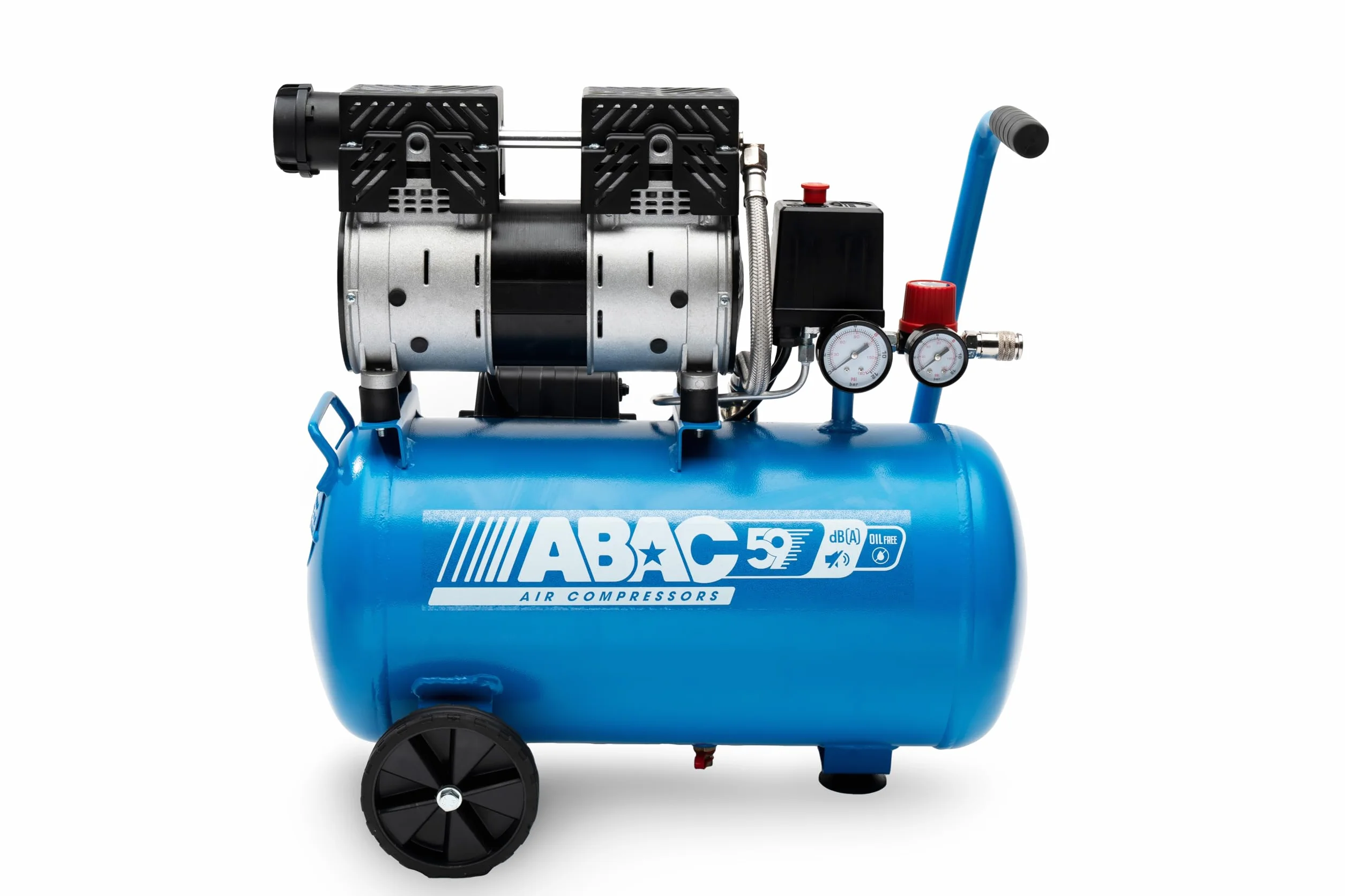 Compresor de aire silencioso EASE-AIR 24 de ABAC, compresor de aire sin aceite, presión máxima 8 bar, potencia 1 hp, Depósito 24 litros, Nivel sonoro 59 dB