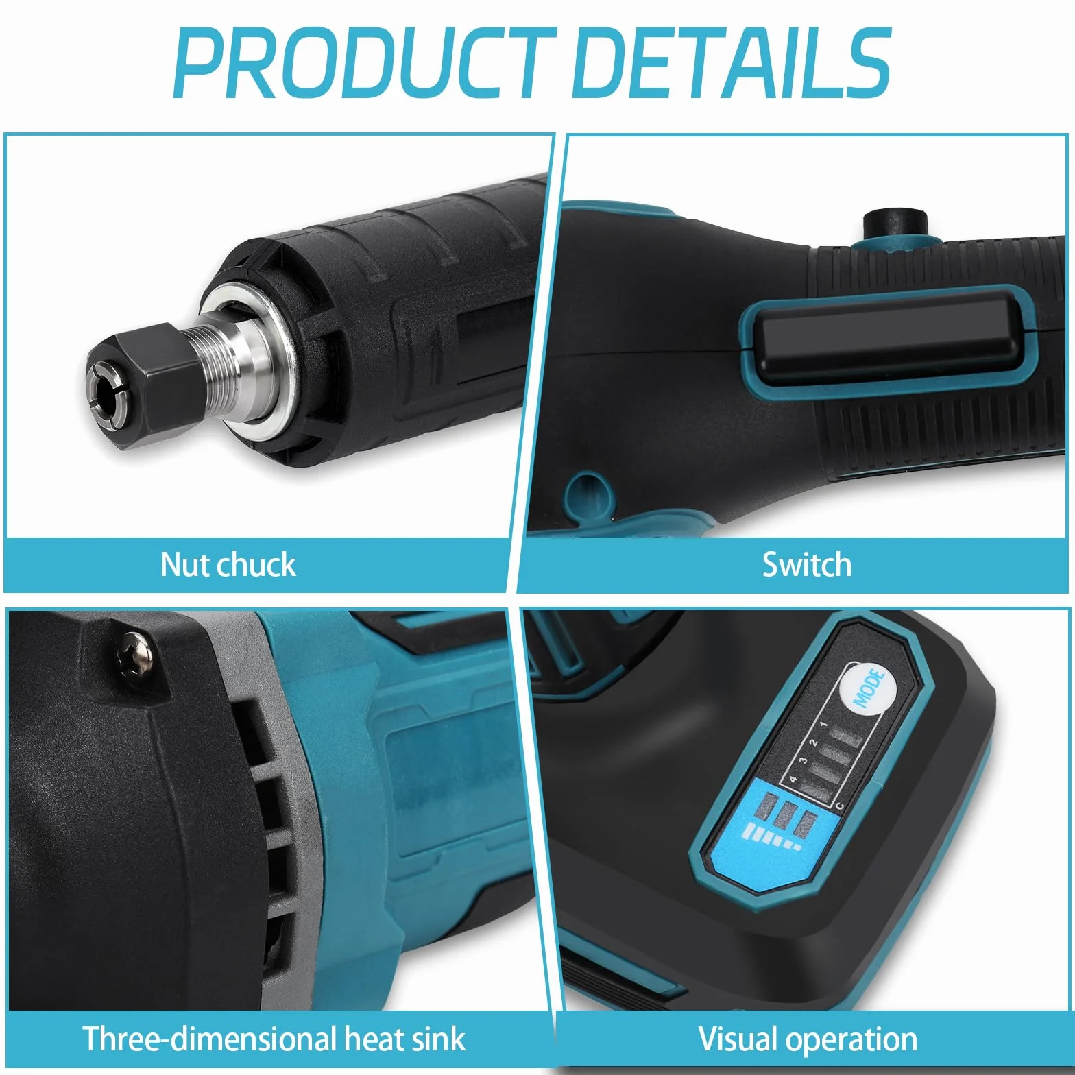 Molinillo inalámbrico compatible con Makita 18V batería, amoladora recta eléctrica sin escobillas con portabrocas de 6 mm y 4 velocidades ajustables (sin batería) (Sin accesorios)