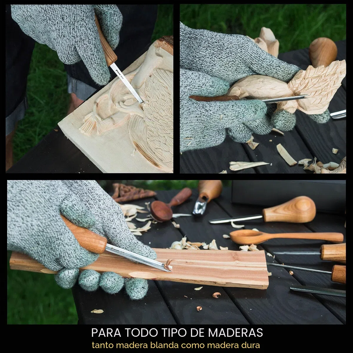BeaverCraft SC05 Juego de gubias para tallar madera – Set de formones y gubias con mango de palma, cincel recto plano, curvo corto y en V – Herramientas de tallado para principiantes y profesionales