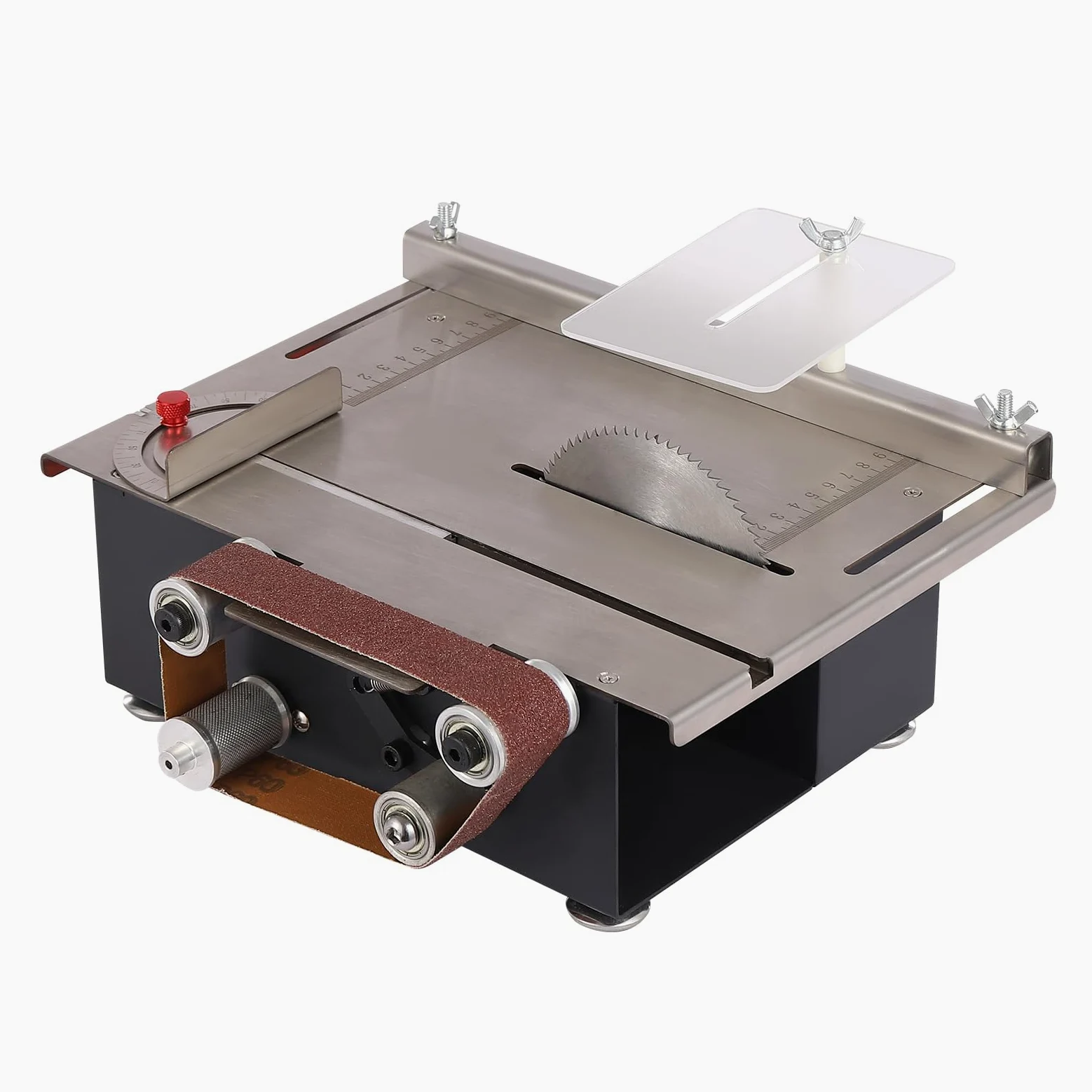 Mini sierra circular de mesa, máquina de cortar con banda de lijado y motor de 200 W para corte de madera, metal y aplicaciones de bricolaje, 33 mm