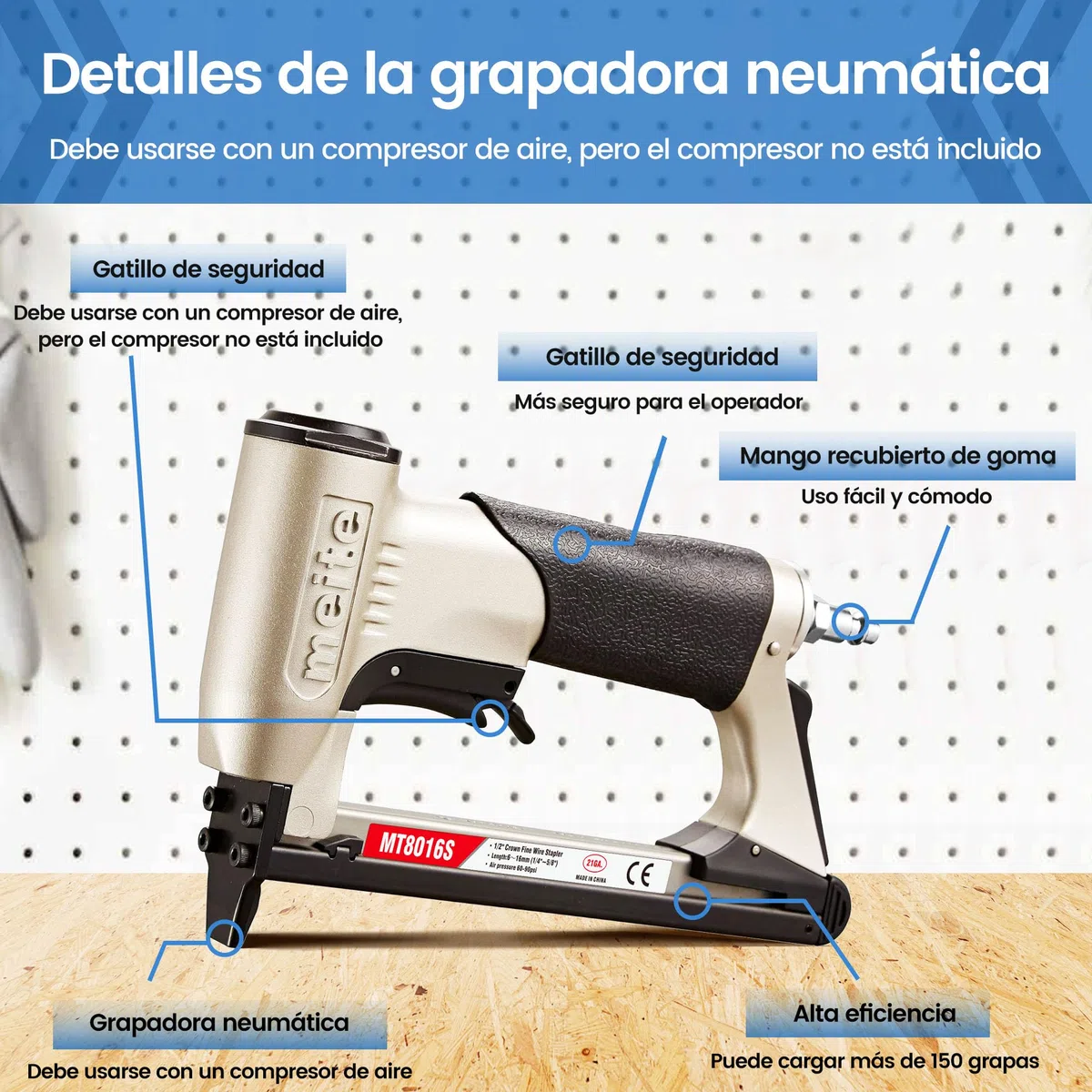 meite Grapadora neumática para tapicería MT8016S con gatillo de seguridad, para grapas calibre 21 de corona de 12 mm, ideal para carpintería, bricolaje y uso profesional, Grapadoras y clavadoras