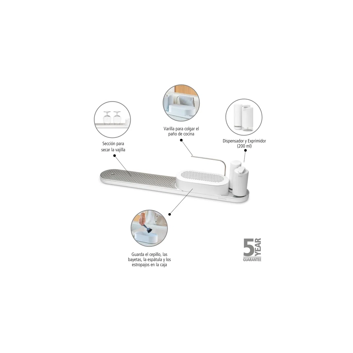 Brabantia - Conjunto SinkStyle con organizador fregadero, bandeja de secado, dispensador de jabón y placa de acero inoxidable extraíble - Mineral Fresh White