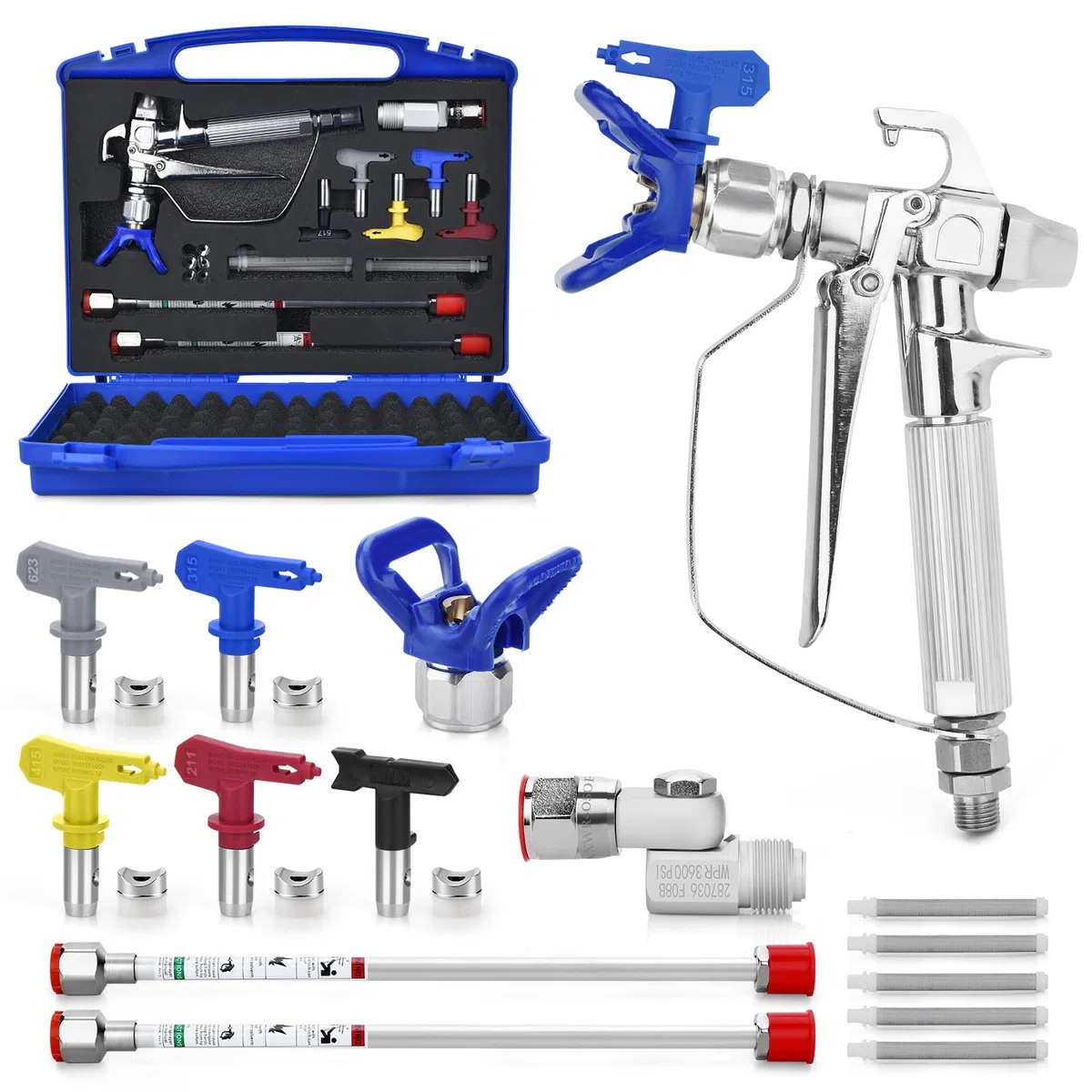 Kit de Pintura Airless Pistola de Pulverización con Puntas de pulverización Reversibles, Rotectores de Pulverización, Filtro de Pistola pulverización, Extensión del Pulverizadorde, Joint rotatif