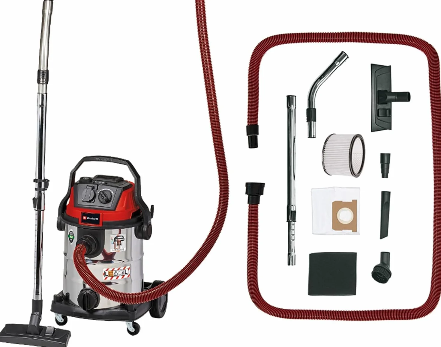Einhell Aspirador en seco y húmedo TE-VC 2025 SACL (1200 W, Clase de Polvo L, para Polvos con valores MAK >1 MG/m³, 25 L, Limpieza de filtros, Enchufe de aparatos, Incl. Varias boquillas y filtros)