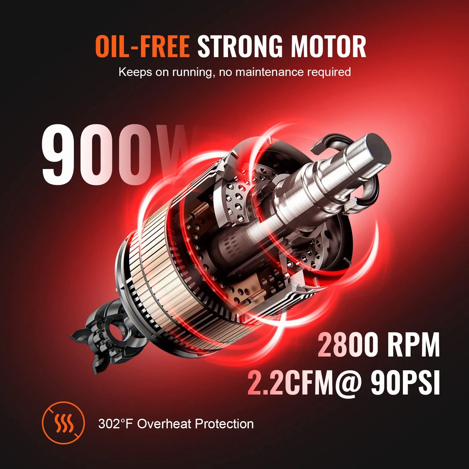 VEVOR Compresor de Aire Silencioso de 8L 900W 1,2CV Presión Máxima de 3,5 Mpa Motor sin Aceite 70 dB para Reparación de Automóviles Inflado de Neumáticos Pintura a Pistola