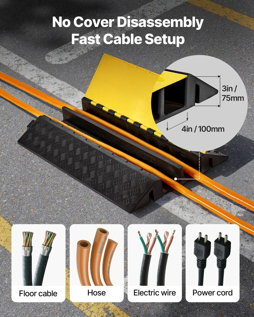 VEVOR Protector de Cables para Suelo de 2 Canales de 10 x 7,5 cm, Rampa de Protección de Cable Carga de Capacidad de 9979 kg, Rampa de Caucho para Interiores, Exteriores, Hogar, Oficina, Almacén