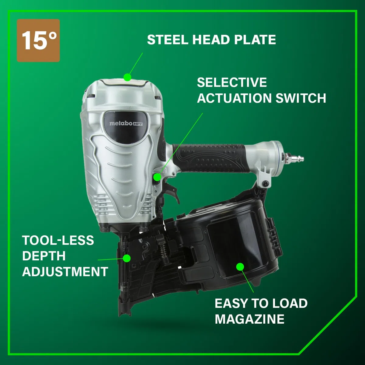 Metabo HPT NV90AG(S) - Clavadora neumática, de 1-3/4 pulgadas hasta 3-1/2 pulgadas, clavos de marco de bobina con alambre recogido, ajuste de profundidad sin herramientas