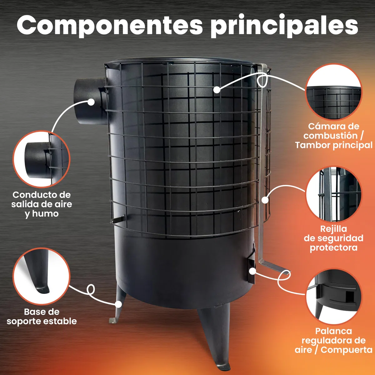 Estufa de Leña Redonda. Estufa Pellets con Potencia 6.7 KW para Calentar Superficie De 50 M². Chimeneas de Leña y Carbon. Color Negro.