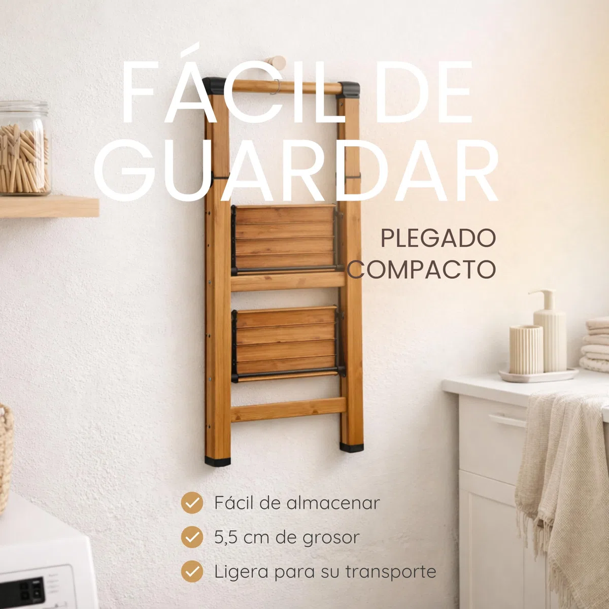 Escalera Plegable de Aluminio Efecto Madera para hogar y Cocina, 2 peldaños, peldaños Anchos Antideslizantes, EN 131